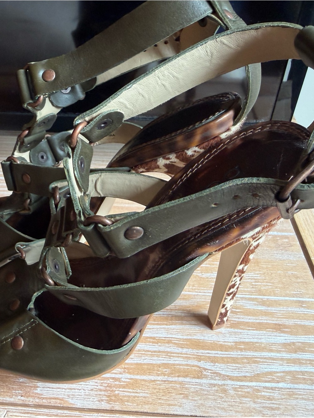bebe Olive Green Strappy High Heel Sandals with Tortoiseshell Accents